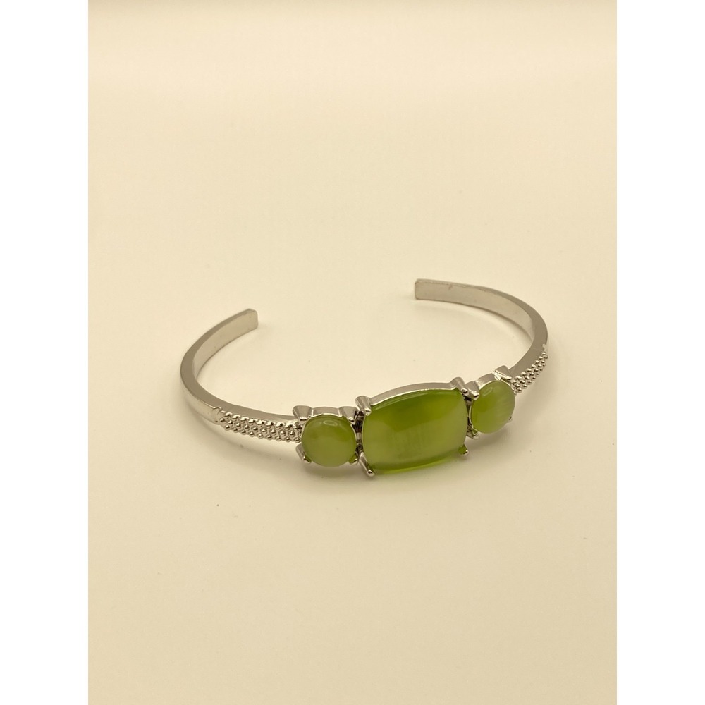 Silver Tone Cuff Bracelet Green Cabochon Open Bangle Cat Eye Layering Stackable
